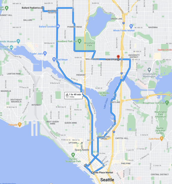 Map of my 16-mile morning ride in Seattle.