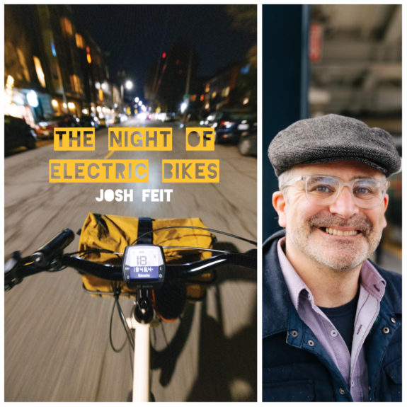Book cover for The Night of Electric Bikes, featuring a blurry night photo from the seat of an electric bike in a city. Also includes a photo of Josh Feit.