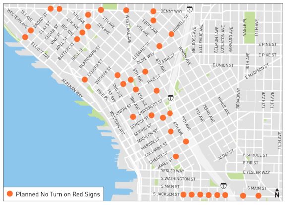 Map of intersections getting turn on red restrictions in city center areas.