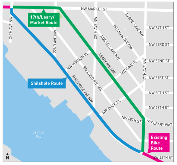 Map comparing the Shilshole route to the 17th/Leary/Market route.