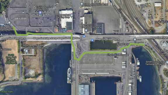Satelite map of the area with a green line through the Terminal 91 property.