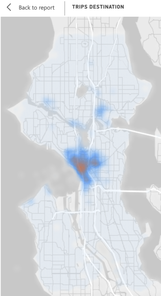 Heat map showing trips centered around downtown with smaller hot spots in the U District, Ballard and along the Burke-Gilman Trail.