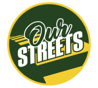 Circular logo with text "Our Streets" and an illustration of a crosswalk.