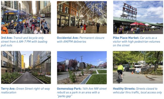 Six photos in a grid showing various streets that prioritize walking, biking and/or transit.