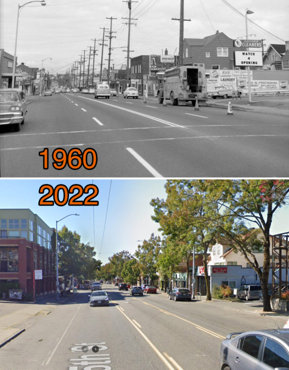 Two photos from the middle of North 45th Street in Wallingford. One from 1960 has four lanes and the currrent image has one lane in each direction and a center turn lane. 