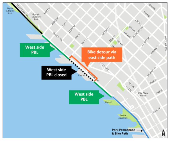 map showing the bike detour between Blanchard and Wall Streets.