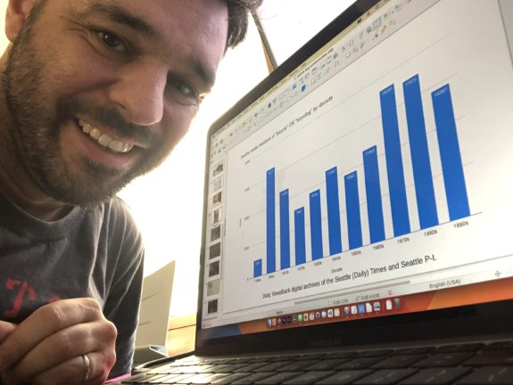 The author next to a computer screen with a bar chart on it.