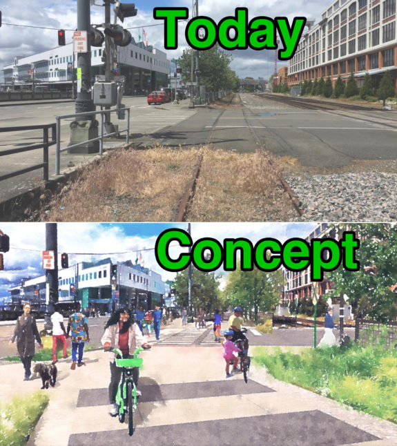 Two images. The first is of the existing abandoned streetcar rails next to Alaskan Way near Vine Street. The second is an illustrated concept image of the same location but with people biking and walking on a trail where the rails used to me. 