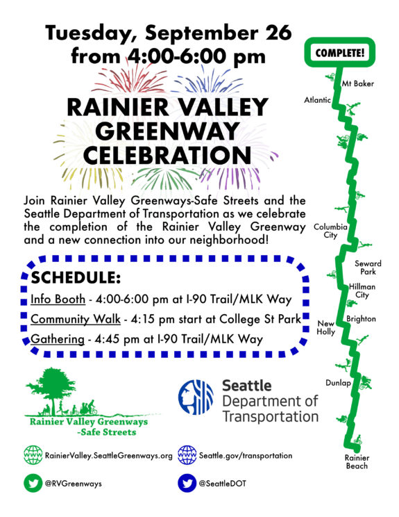 Event flier with an illustration of the full greenway route and event details. Includes Seattle Neighborhood Greenways and SDOT logos. 
