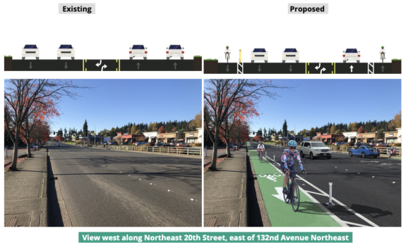 Existing versus proposed designs for NE 20th Street east of 132nd Avenue NE. Protected bike lanes are added where none exist today.