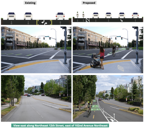 Existing vs proposed designs for NE 12th Street. A two-way bike lane is added on one side of the street.