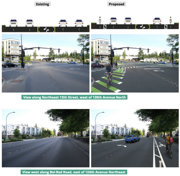 Existing vs proposed design for NE 12th Street and Bel-Red Road west of 120th Avenue N. Protected bike lanes are added where none exist today.