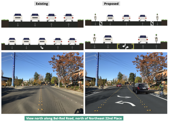 Existing vs proposed design for Bel-Red Road north of NE 22nd Place. It includes a combination of protected and paint-only bike lanes where none exist today.