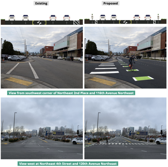 Existing vs proposed designs for the Wilburton Route along 116th Ave NE, NE 4th Street and 120th Ave NE. Adds protected bike lanes where none currently exist.