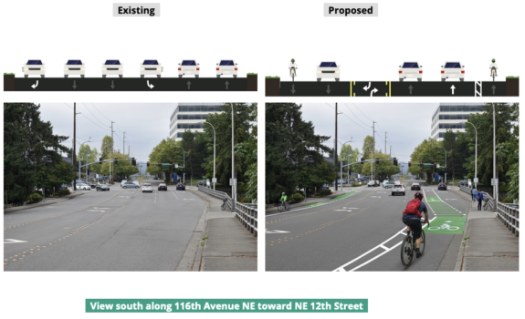 Existing vs proposed design for 116th Avenue NE between Bridle Trails and the 520 Trail. Painted bike lanes are added where none currently exist.