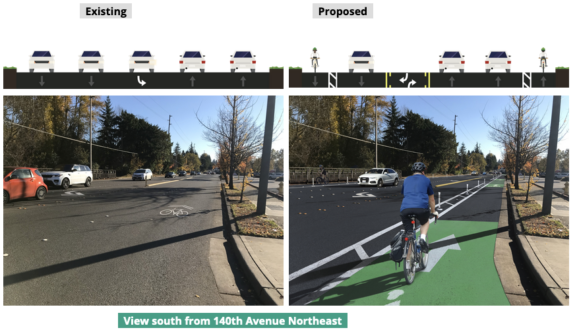 Existing vs proposed designs for 140th Avenue NE between Bridge Trails and Crossroads/Lake Hills. Adds protected bike lanes where none currently exist.