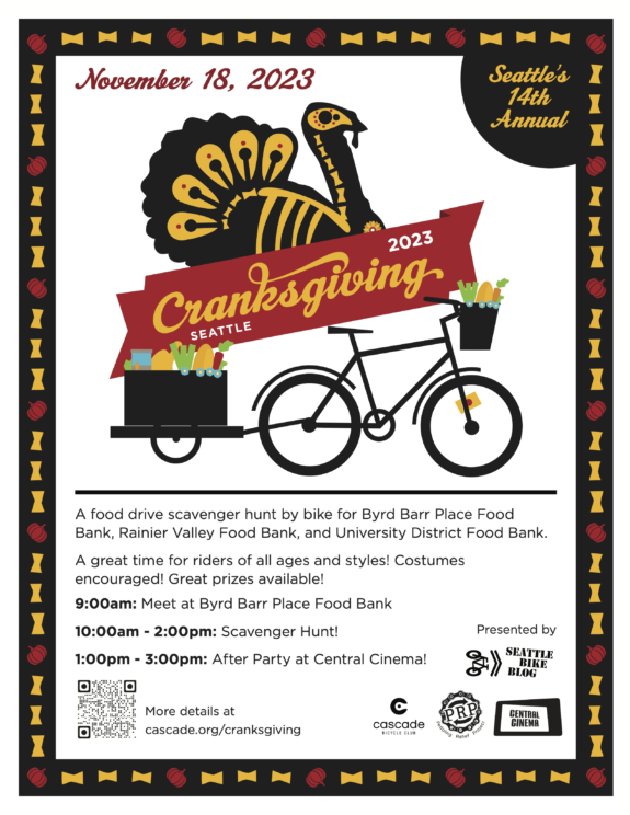Cranksgiving poster with an illustration of a turkey and a bicycle with food in a front basket and bicycle trailer. Details in the post.