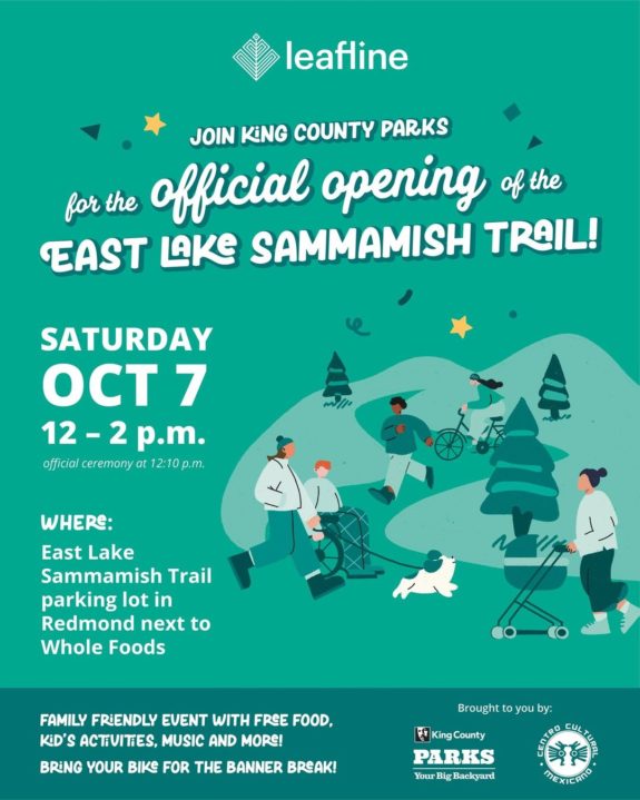 Event poster with a winter scene of illustrated figures walking and biking on a meandering trail. Test: Join King County Parks for the official opening of the East Lake Sammamish Trail! Saturday, Oct 7 12-2p.m. East Lake Sammamish Trail parking lot in Redmond next to Whole Foods.