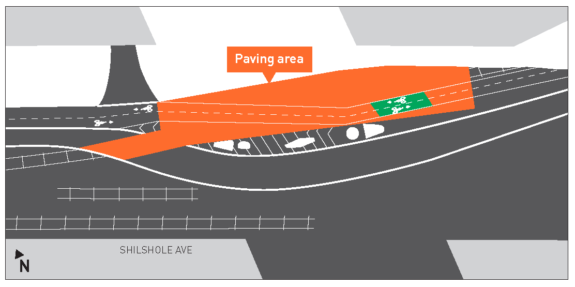 Overhead design diagram showing a mostly-straight bike path and a new paved area.