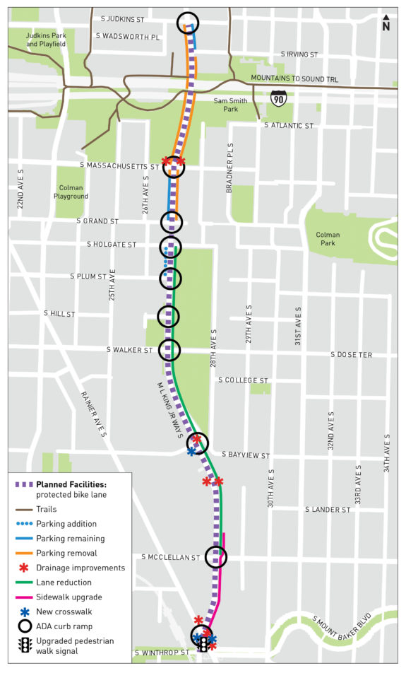 Map of the project with ADA ramps, bike lanes and sidewalk improvements marked. 
