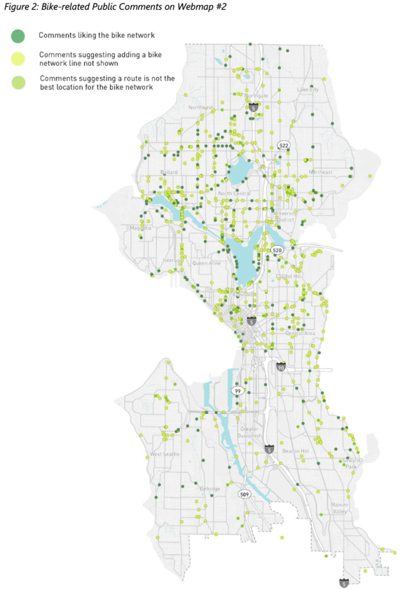 Map of Seattle with dots indicating public suggestions for bike network improvements as collected during a webmap exercise in a previous feedback stage.