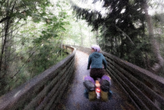 Stylized photo of a person biking across a trail bridge surrounded by trees. 