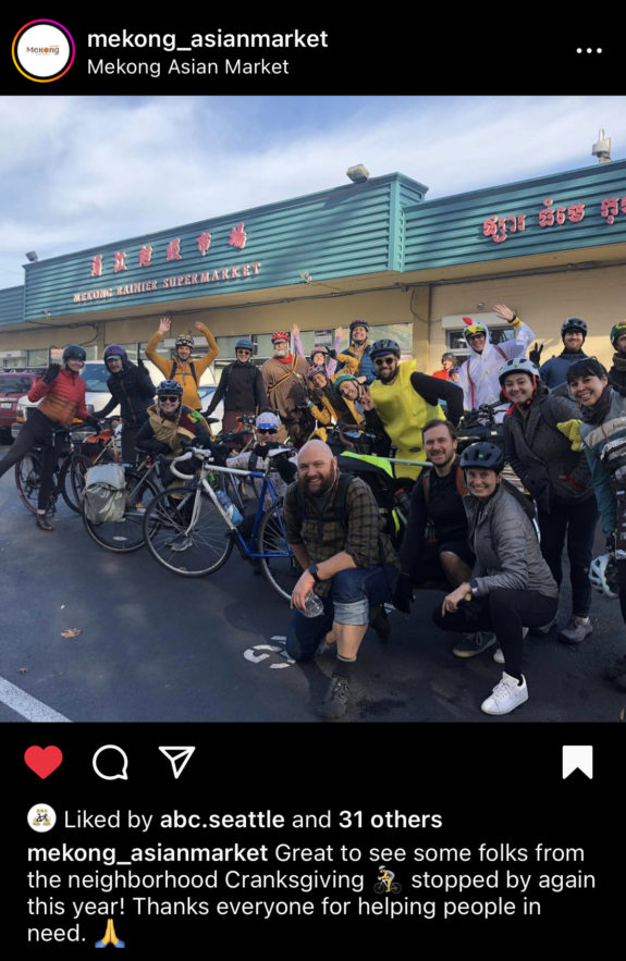 Screenshot from the Mekong Rainier Supermarket Instagram feed with a big group of riders in front of the store with text: Great to see some folks from the neighborhood Cranksgiving stopped by again this year! Thanks everyone for helping people in need.