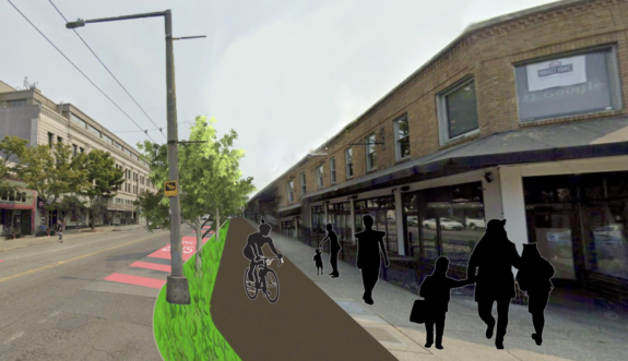 Concept photo of Market Street with bike lane drawn next to the sidewalk.