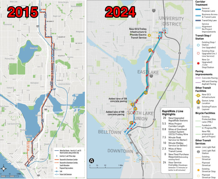 Two maps comparing the route presented in 2015, which goes to Northgate, to the current route, which goes to U District.