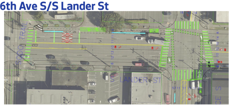 Top-down satellite image with diagram of the bike lane design with a two-way bike lane on Lander and one-way bike lanes on 6th Ave S.