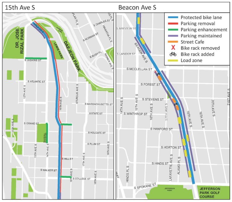 Maps of the project area showing protected bike lanes the full length from the Jose Rizal bridge to Jefferson Park.