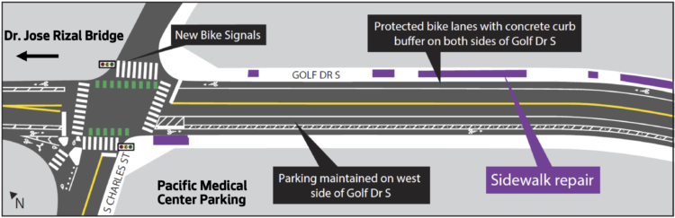 All images show top-down design diagrams along the route featuring protected bike lanes on each side of the street.