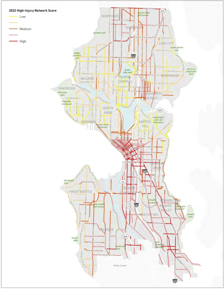 Map with red and yellow lines indicating the injury score for streets throughout Seattle.