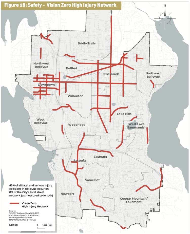 Map with red lines denoting the high injury network.