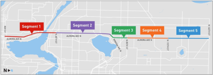 Map marking with the 5 segments from South Lake Union to the northern city limit.