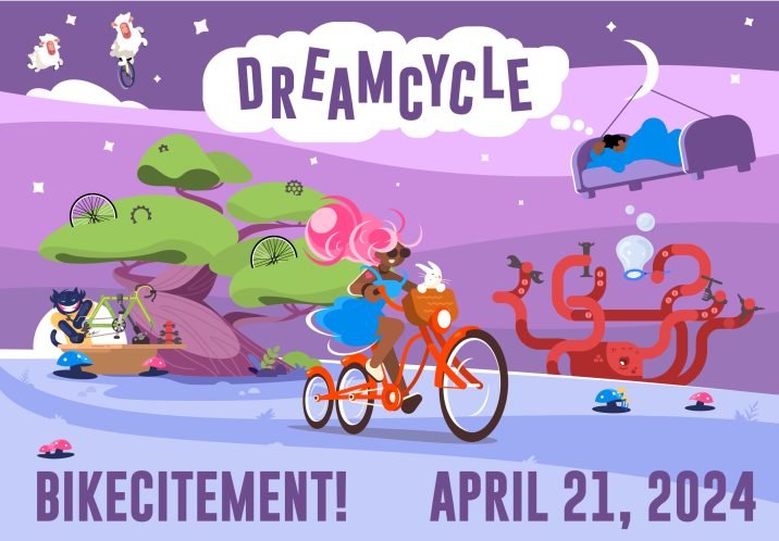 Bikecitement 2024 promo image with a colorful illustration of someone riding a bicycle with 3 inline wheels and a bed floating in the sky with text Dreamcycle.