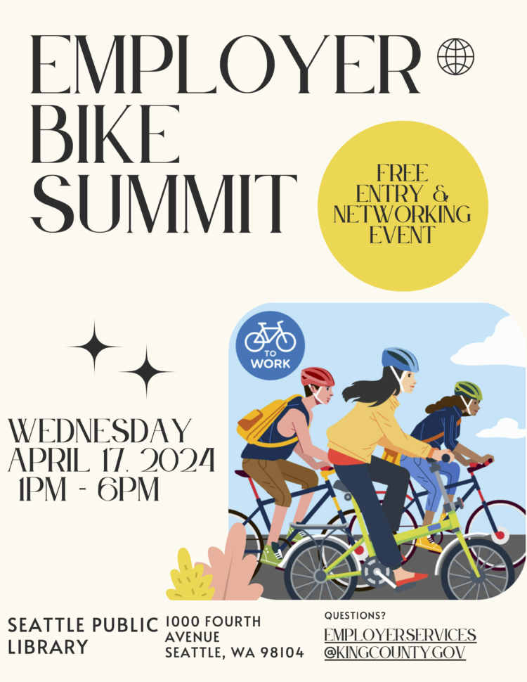 Employer Bike Summit poster featuring illustration of people biking and details. 
