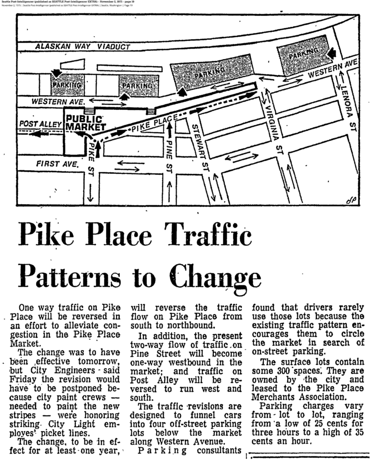 News clip from the November 2, 1975 issue of the Seattle P-I with a map of the market streets and headline Pike Place Traffic Patterns to Change.