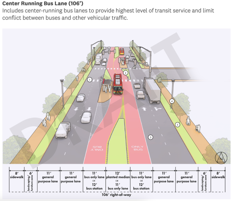 Design concept titled center running bus lane.