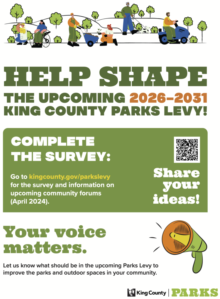 Poster for the levy survey with a simple illustration of people on trails and in parks.